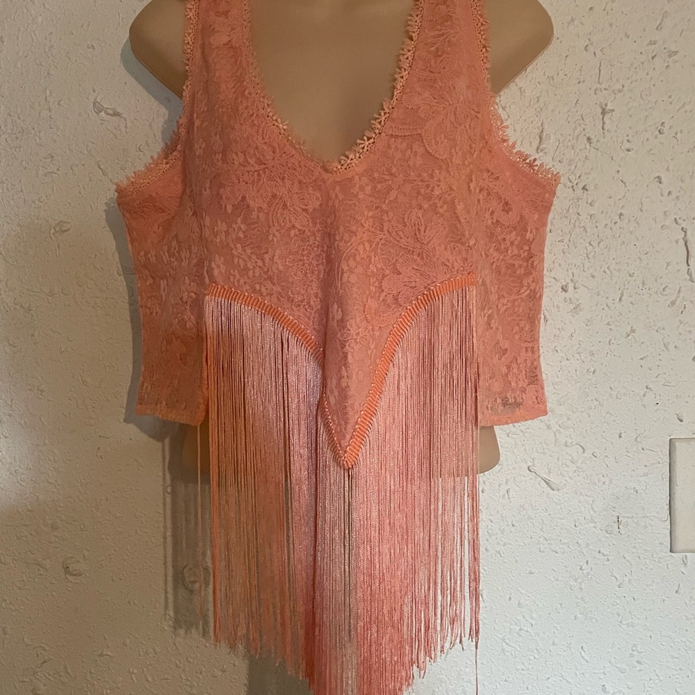 Coral Lace Fringe Sleeveless Blouse